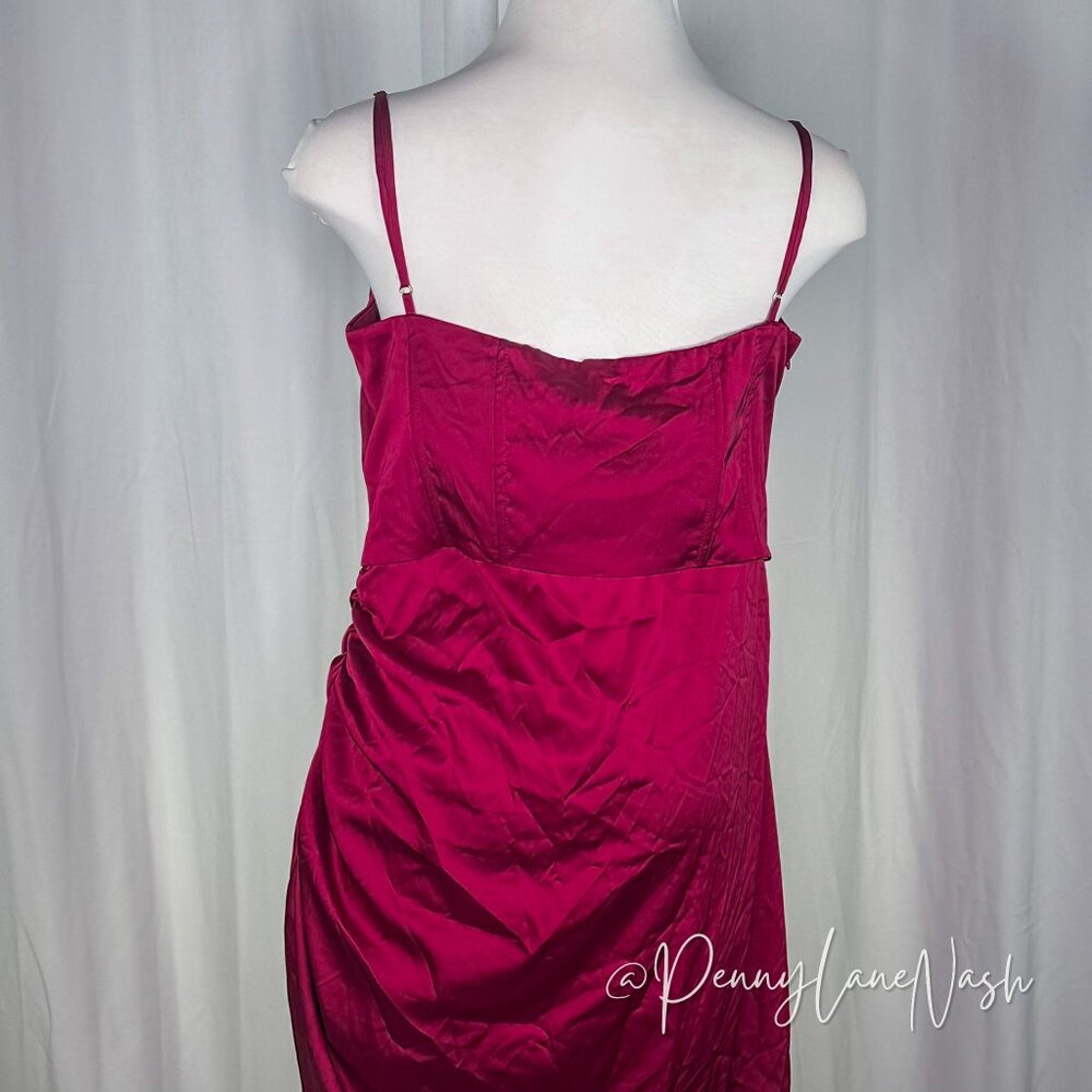Oh Polly Draped Neck Asymmetric Corset Midi Dress in Wine - Picture 9 of 14